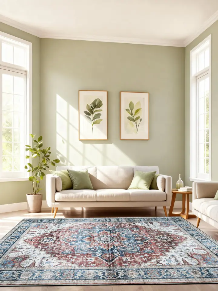 Medallion area rug in a sage living room